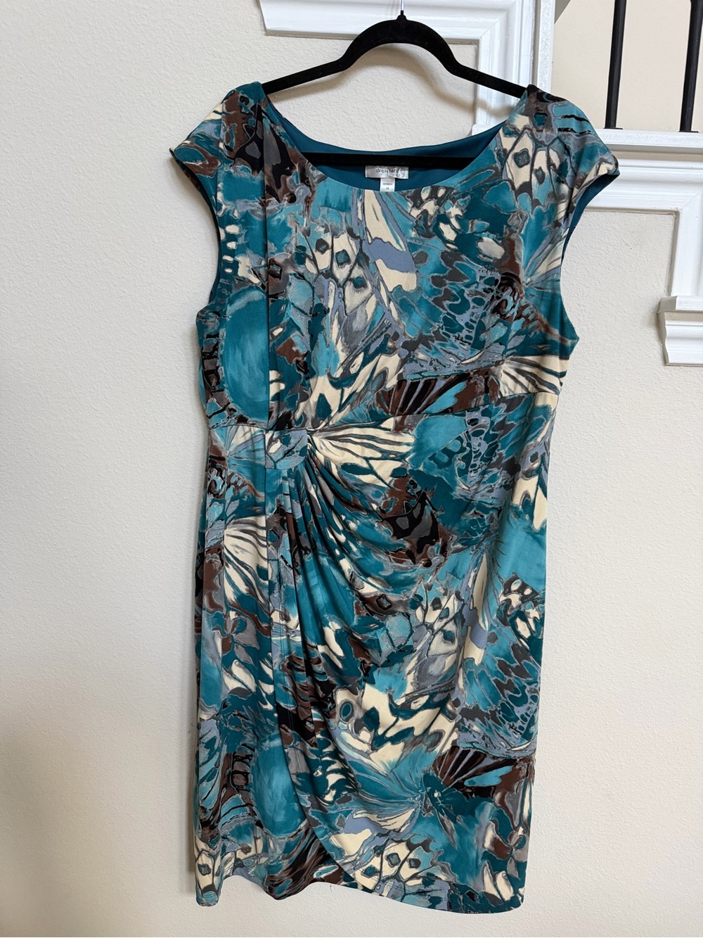 dressbarn Teal, Cream & Brown Printed Cap-Sleeve Dress